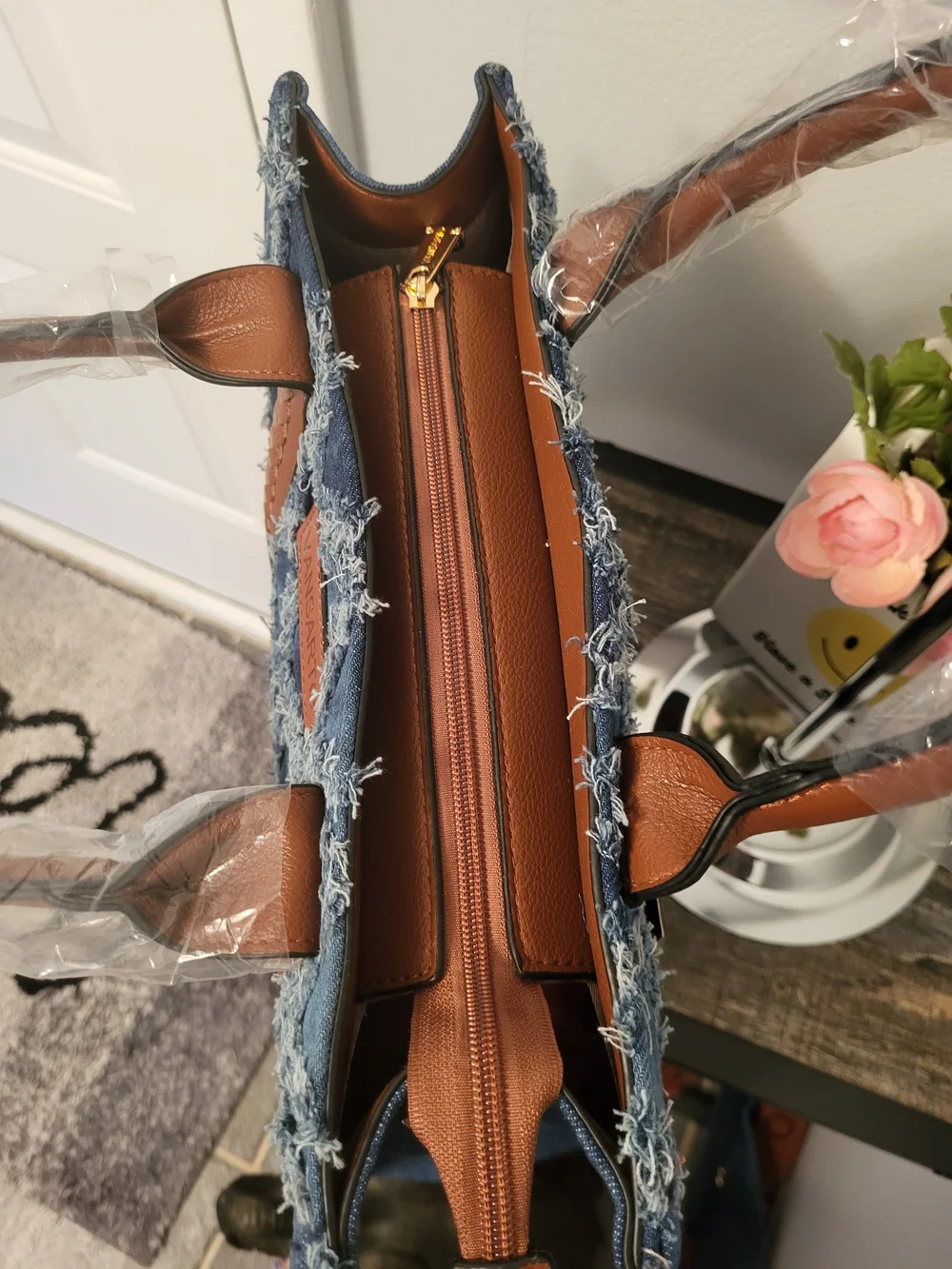 Blue Distressed Denim Tote with Brown Vegan Trim 3 Piece Set  13.5